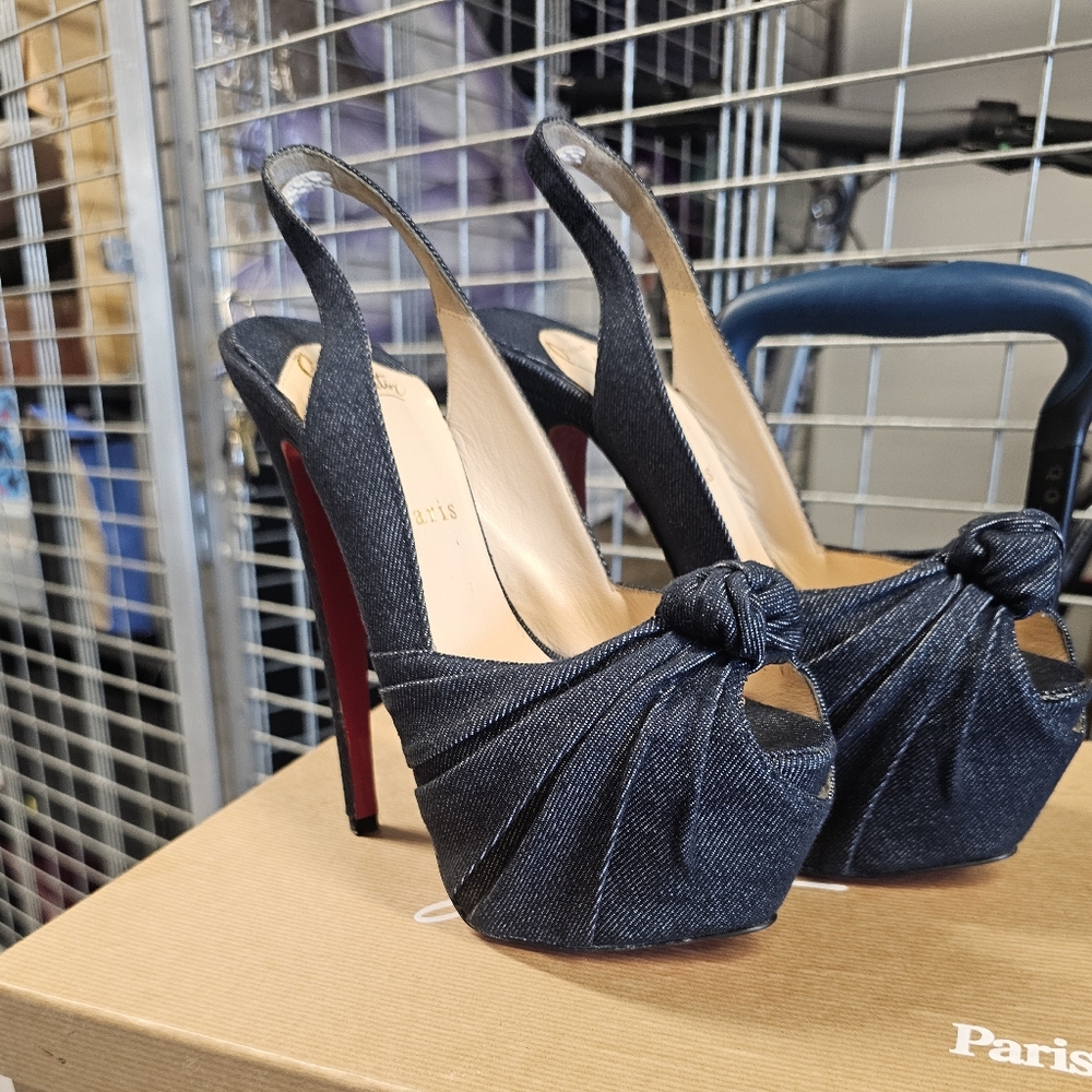 Christian Louboutin Miss Benin Raw Jean Slingback Heels